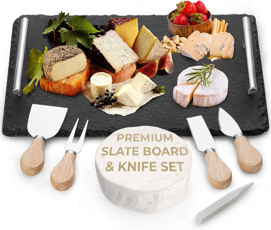 Slate Cheese Board Set w/Easy Carry Handles (14” x 10”, Black) Natural Stone Slate Tray for Appetizer Serving; Full Deluxe Cheeseboard Platter w/ 3 Knives, 1 Fork & 2 Soapstone Chalks