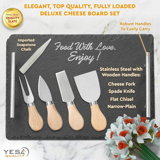 Slate Cheese Board Set w/Easy Carry Handles (14” x 10”, Black) Natural Stone Slate Tray for Appetizer Serving; Full Deluxe Cheeseboard Platter w/ 3 Knives, 1 Fork & 2 Soapstone Chalks
