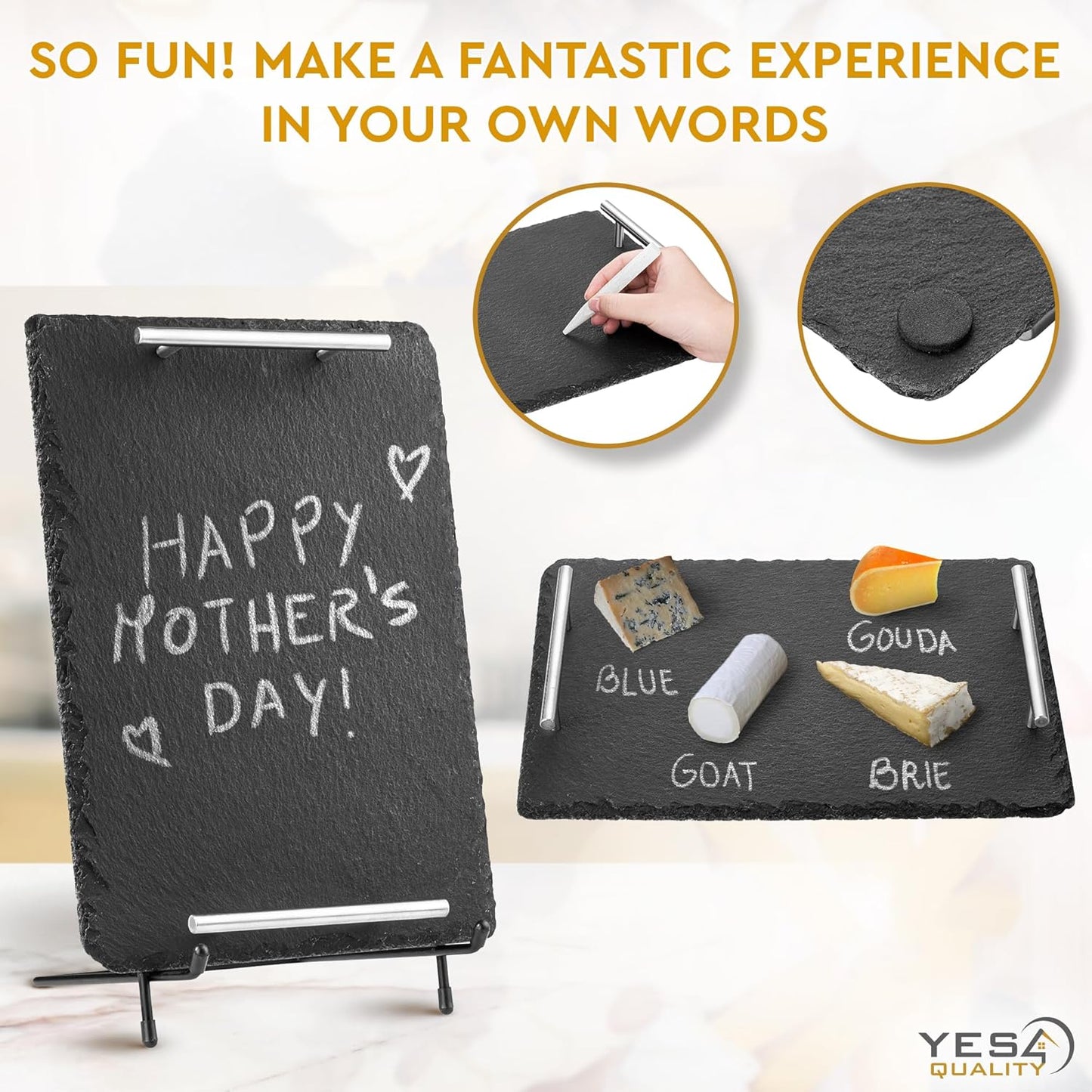Slate Cheese Board Set w/Easy Carry Handles (14” x 10”, Black) Natural Stone Slate Tray for Appetizer Serving; Full Deluxe Cheeseboard Platter w/ 3 Knives, 1 Fork & 2 Soapstone Chalks