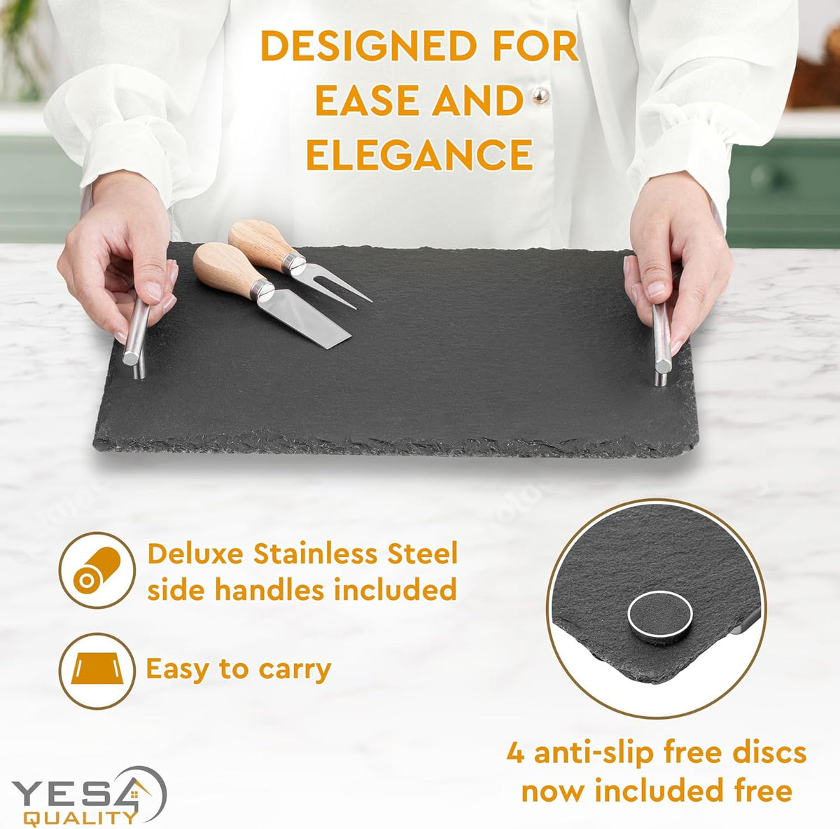 Slate Cheese Board Set w/Easy Carry Handles (14” x 10”, Black) Natural Stone Slate Tray for Appetizer Serving; Full Deluxe Cheeseboard Platter w/ 3 Knives, 1 Fork & 2 Soapstone Chalks