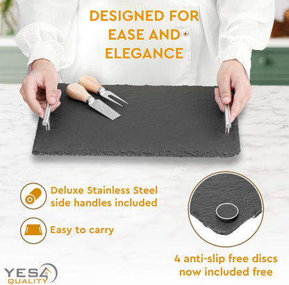 Slate Cheese Board Set w/Easy Carry Handles (14” x 10”, Black) Natural Stone Slate Tray for Appetizer Serving; Full Deluxe Cheeseboard Platter w/ 3 Knives, 1 Fork & 2 Soapstone Chalks