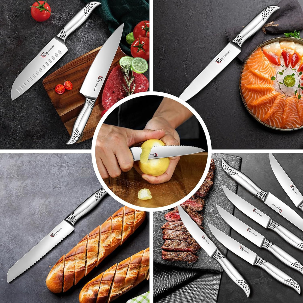 Japanese Knives Set for Kitchen, Magnetic Knife Set with Block and Sharpener, Stainless Steel Knife Set as Gift for Couple, Wedding, Women or Mom with Gift Box, 14 PCS Black Dot
