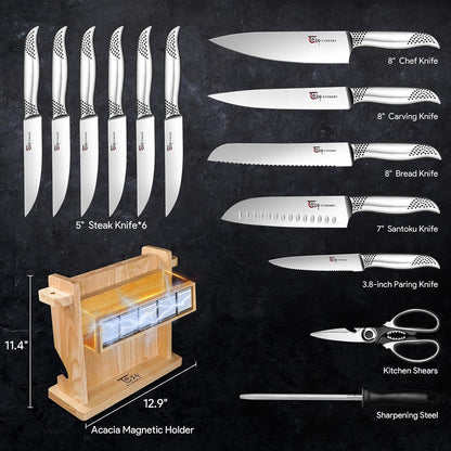 Japanese Knives Set for Kitchen, Magnetic Knife Set with Block and Sharpener, Stainless Steel Knife Set as Gift for Couple, Wedding, Women or Mom with Gift Box, 14 PCS Black Dot