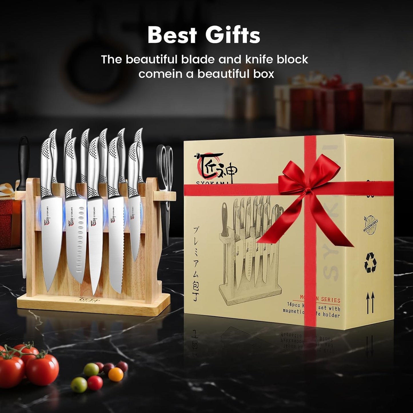Japanese Knives Set for Kitchen, Magnetic Knife Set with Block and Sharpener, Stainless Steel Knife Set as Gift for Couple, Wedding, Women or Mom with Gift Box, 14 PCS Black Dot