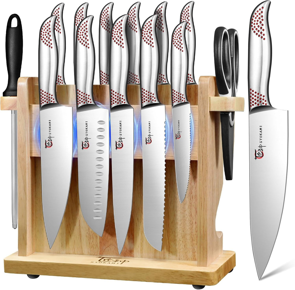Japanese Knives Set for Kitchen, Magnetic Knife Set with Block and Sharpener, Stainless Steel Knife Set as Gift for Couple, Wedding, Women or Mom with Gift Box, 14 PCS Black Dot