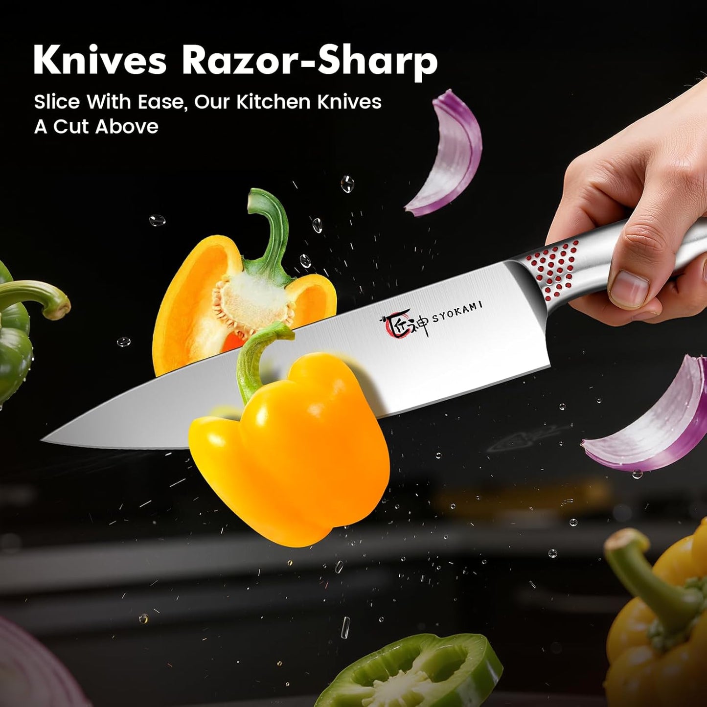 Japanese Knives Set for Kitchen, Magnetic Knife Set with Block and Sharpener, Stainless Steel Knife Set as Gift for Couple, Wedding, Women or Mom with Gift Box, 14 PCS Black Dot