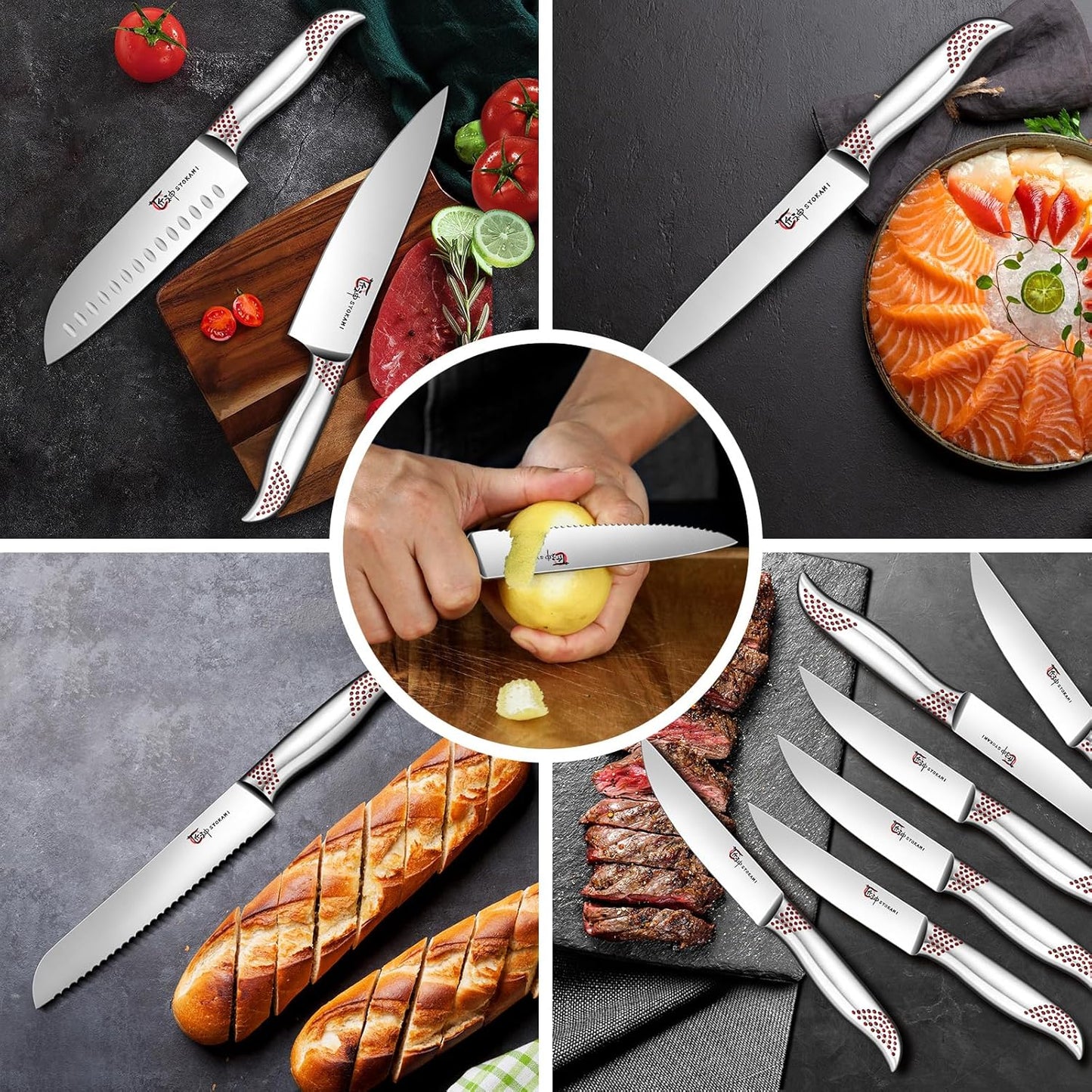 Japanese Knives Set for Kitchen, Magnetic Knife Set with Block and Sharpener, Stainless Steel Knife Set as Gift for Couple, Wedding, Women or Mom with Gift Box, 14 PCS Black Dot