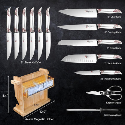 Japanese Knives Set for Kitchen, Magnetic Knife Set with Block and Sharpener, Stainless Steel Knife Set as Gift for Couple, Wedding, Women or Mom with Gift Box, 14 PCS Black Dot