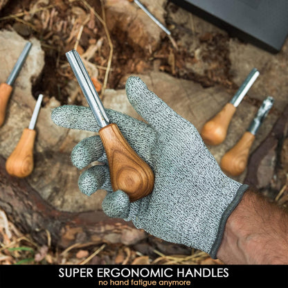Wood Carving Gouges Kit SC05 - Wood Carving Chisels Set with Palm Gouge & Flat Straight Chisel, Rounded Short Bent, V-chisels - Whittling Knives, Tools for Beginners and Profi Carvers