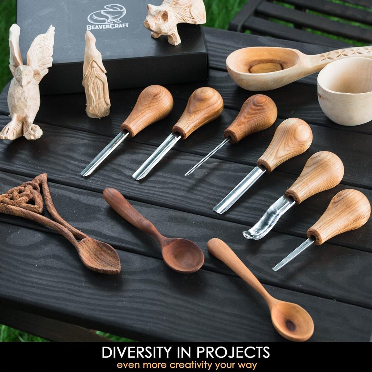 Wood Carving Gouges Kit SC05 - Wood Carving Chisels Set with Palm Gouge & Flat Straight Chisel, Rounded Short Bent, V-chisels - Whittling Knives, Tools for Beginners and Profi Carvers