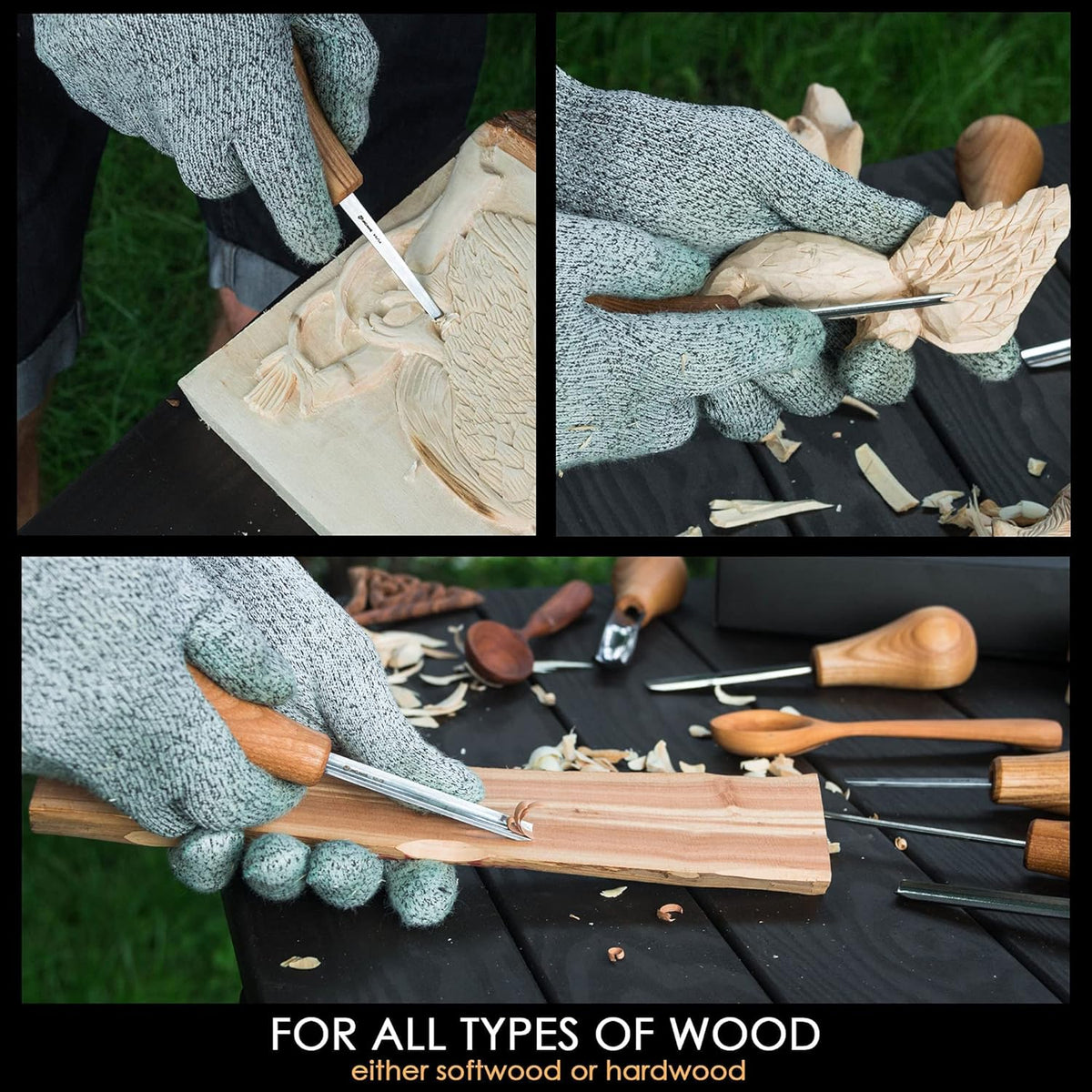 Wood Carving Gouges Kit SC05 - Wood Carving Chisels Set with Palm Gouge & Flat Straight Chisel, Rounded Short Bent, V-chisels - Whittling Knives, Tools for Beginners and Profi Carvers