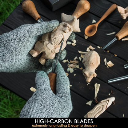 Wood Carving Gouges Kit SC05 - Wood Carving Chisels Set with Palm Gouge & Flat Straight Chisel, Rounded Short Bent, V-chisels - Whittling Knives, Tools for Beginners and Profi Carvers