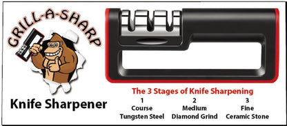 Grill-A-Sharp | Kitchen Knife Sharpener 3-Stage Tungsten Steel, Diamond Grind, Ceramic Stones, Manual Kitchen Knife Sharpener (GLOVE NOT INCLUDED)