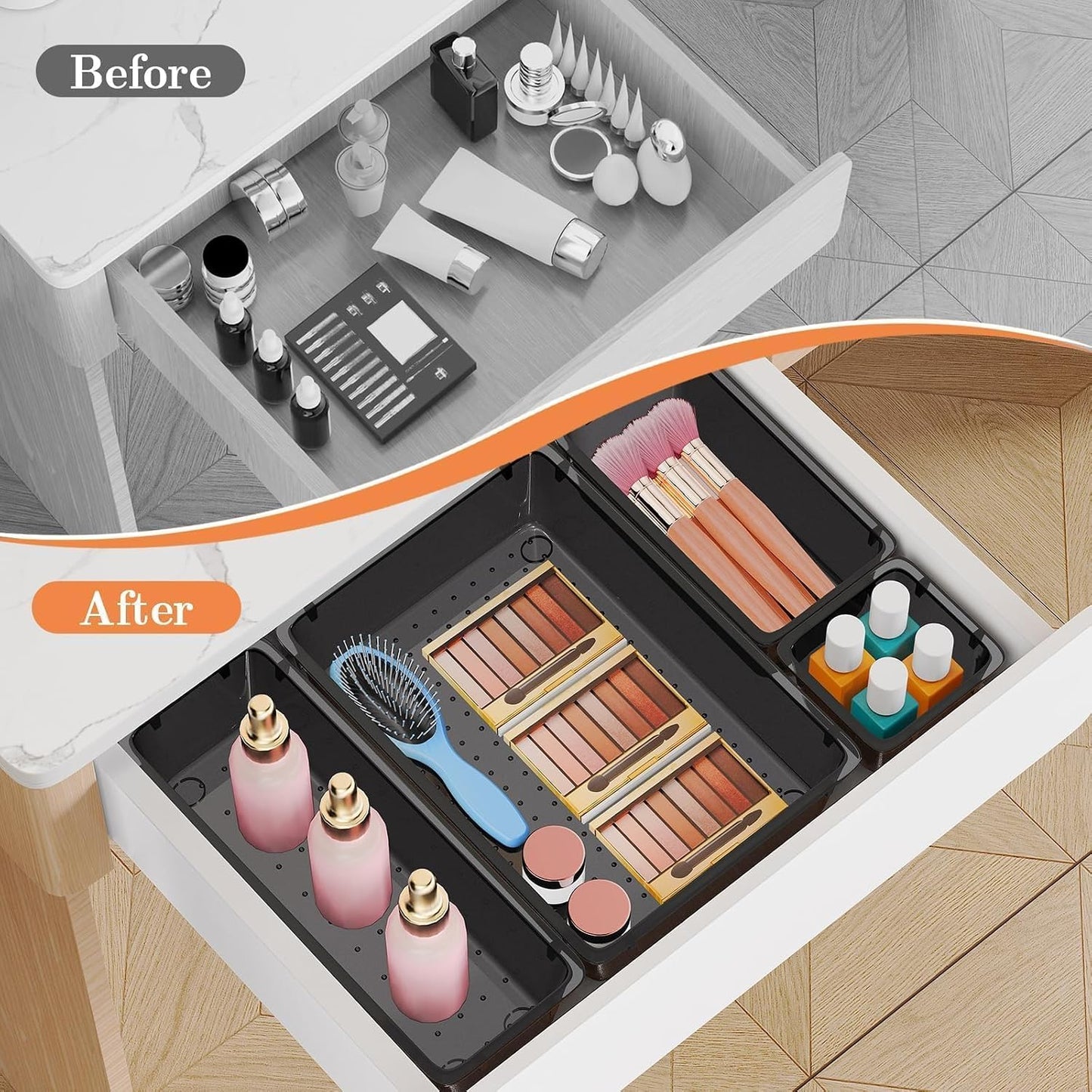 25 PCS Plastic Drawer Organizer Set, 4-Size Versatile Organizer Tool Trays & storage Bins for Makeup, Jewelry, and Gadgets in Bathroom, Bedroom and Office,Clear Black