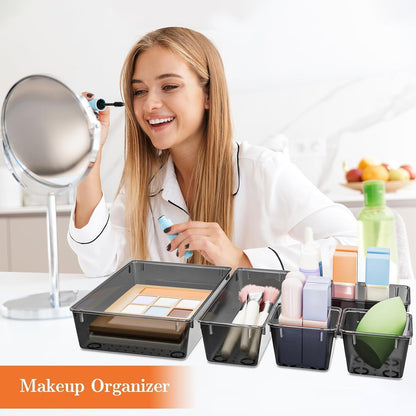 25 PCS Plastic Drawer Organizer Set, 4-Size Versatile Organizer Tool Trays & storage Bins for Makeup, Jewelry, and Gadgets in Bathroom, Bedroom and Office,Clear Black