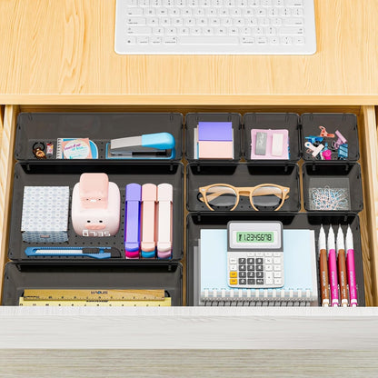 25 PCS Plastic Drawer Organizer Set, 4-Size Versatile Organizer Tool Trays & storage Bins for Makeup, Jewelry, and Gadgets in Bathroom, Bedroom and Office,Clear Black