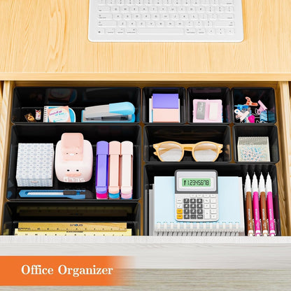 25 PCS Plastic Drawer Organizer Set, 4-Size Versatile Organizer Tool Trays & storage Bins for Makeup, Jewelry, and Gadgets in Bathroom, Bedroom and Office,Clear Black