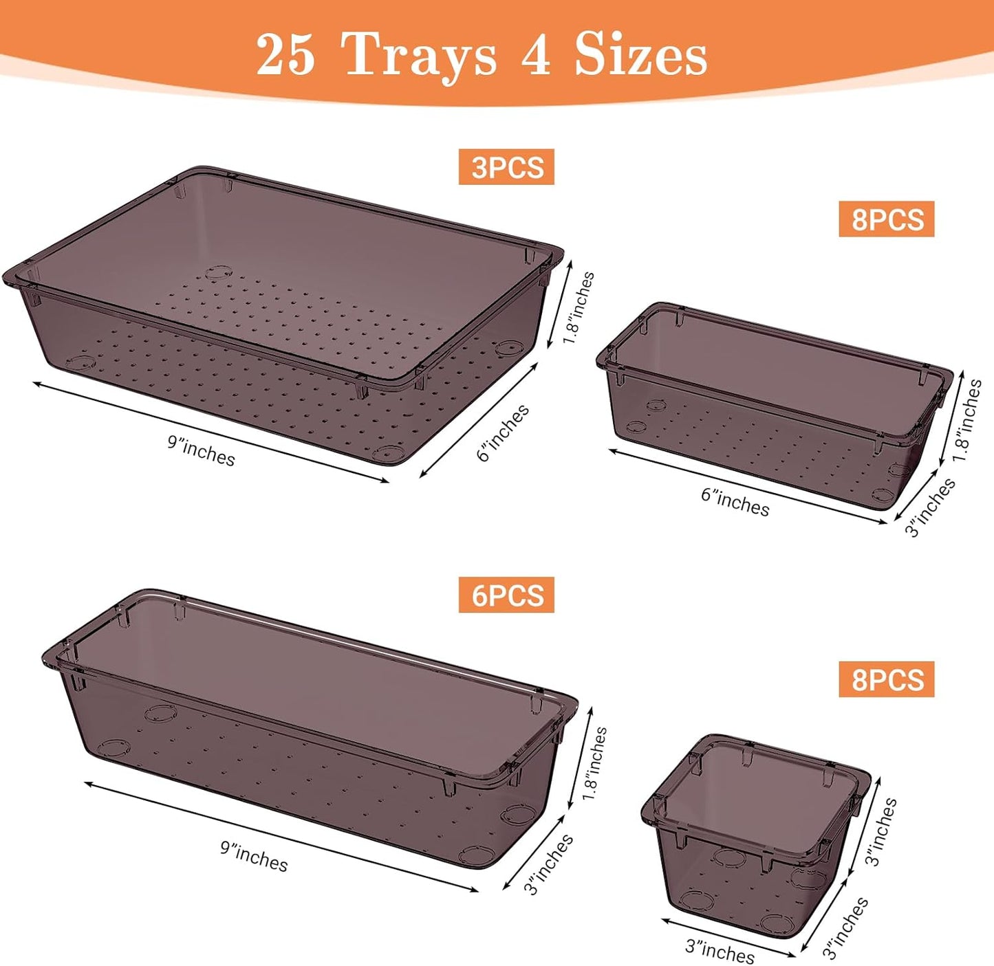 25 PCS Plastic Drawer Organizer Set, 4-Size Versatile Organizer Tool Trays & storage Bins for Makeup, Jewelry, and Gadgets in Bathroom, Bedroom and Office,Clear Black