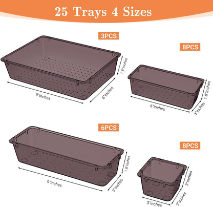25 PCS Plastic Drawer Organizer Set, 4-Size Versatile Organizer Tool Trays & storage Bins for Makeup, Jewelry, and Gadgets in Bathroom, Bedroom and Office,Clear Black