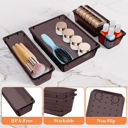25 PCS Plastic Drawer Organizer Set, 4-Size Versatile Organizer Tool Trays & storage Bins for Makeup, Jewelry, and Gadgets in Bathroom, Bedroom and Office,Clear Black