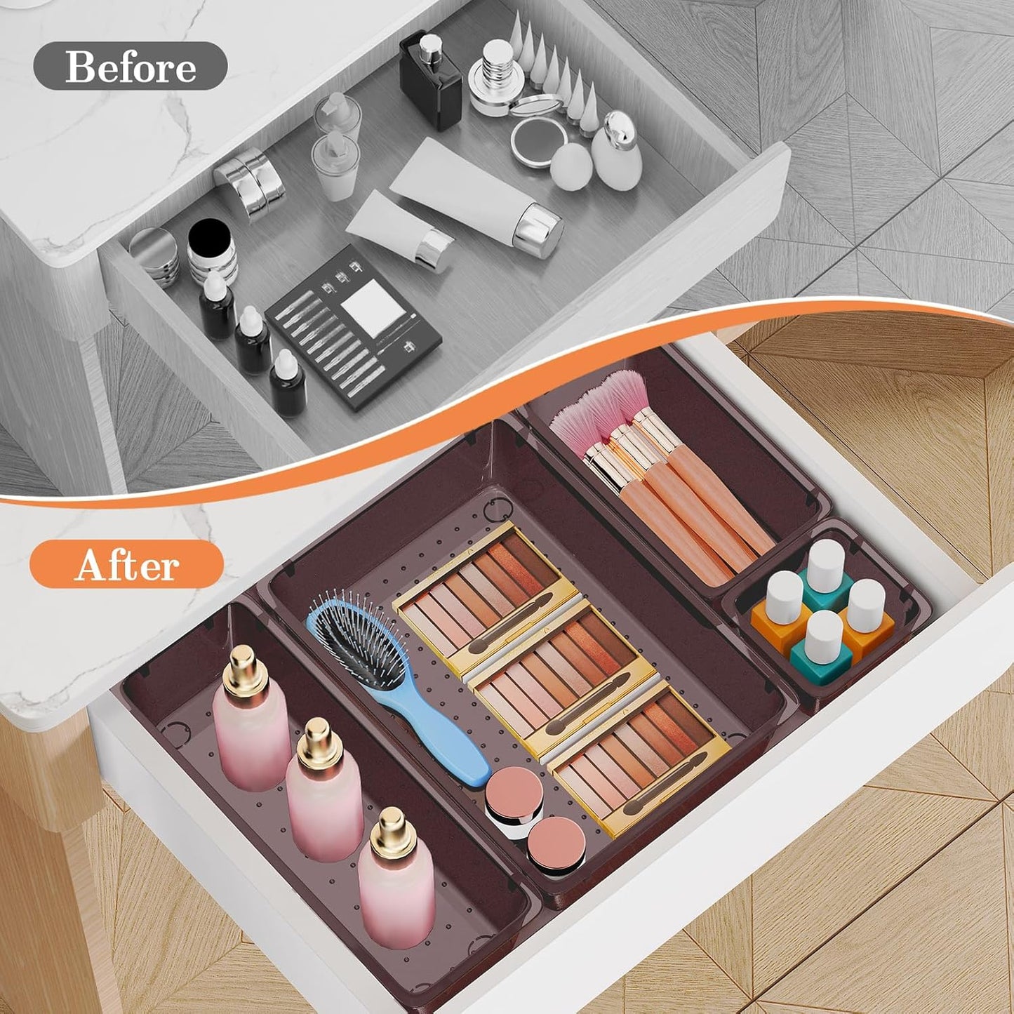 25 PCS Plastic Drawer Organizer Set, 4-Size Versatile Organizer Tool Trays & storage Bins for Makeup, Jewelry, and Gadgets in Bathroom, Bedroom and Office,Clear Black