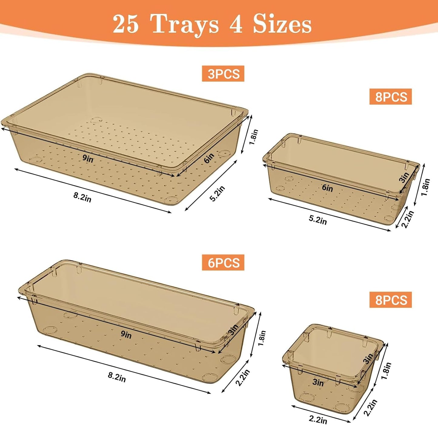 25 PCS Plastic Drawer Organizer Set, 4-Size Versatile Organizer Tool Trays & storage Bins for Makeup, Jewelry, and Gadgets in Bathroom, Bedroom and Office,Clear Black