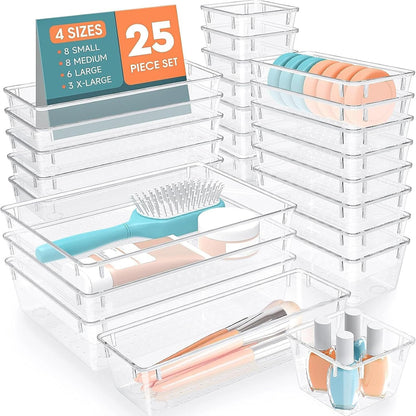 25 PCS Plastic Drawer Organizer Set, 4-Size Versatile Organizer Tool Trays & storage Bins for Makeup, Jewelry, and Gadgets in Bathroom, Bedroom and Office,Clear Black
