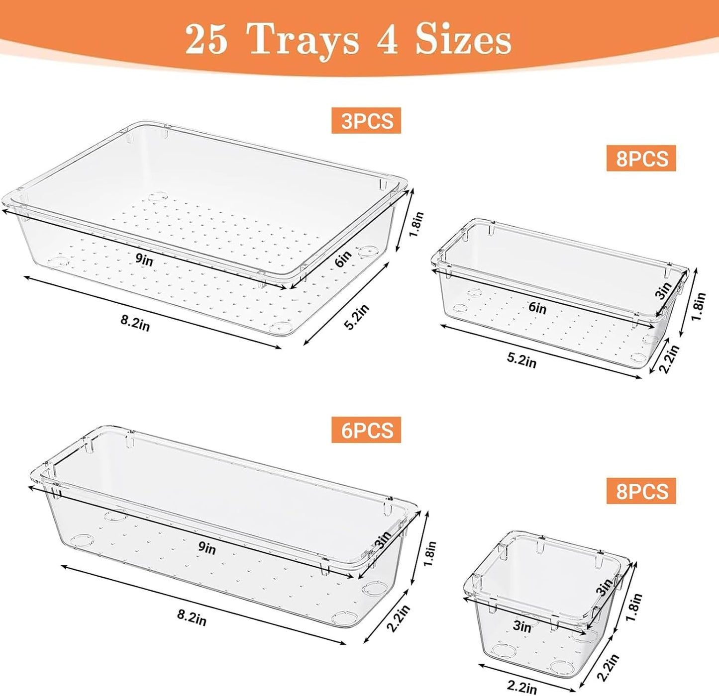 25 PCS Plastic Drawer Organizer Set, 4-Size Versatile Organizer Tool Trays & storage Bins for Makeup, Jewelry, and Gadgets in Bathroom, Bedroom and Office,Clear Black