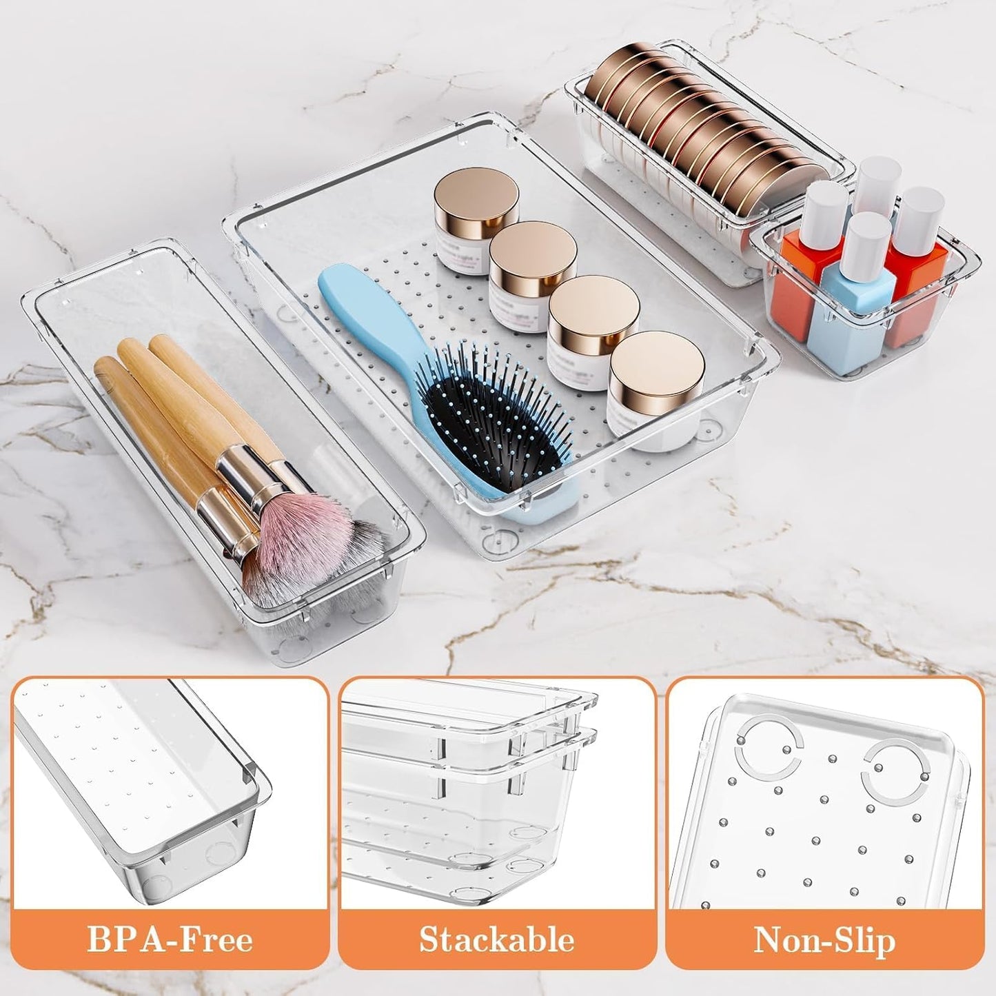 25 PCS Plastic Drawer Organizer Set, 4-Size Versatile Organizer Tool Trays & storage Bins for Makeup, Jewelry, and Gadgets in Bathroom, Bedroom and Office,Clear Black