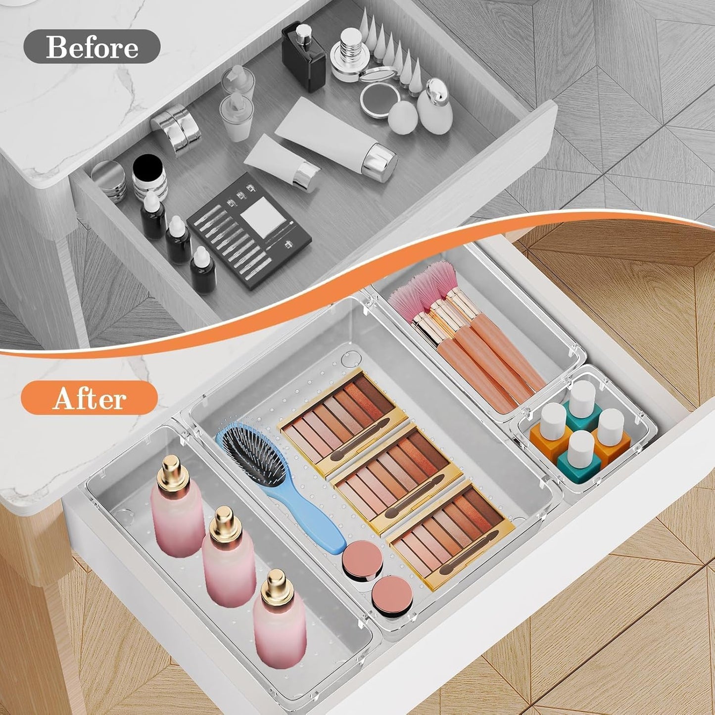 25 PCS Plastic Drawer Organizer Set, 4-Size Versatile Organizer Tool Trays & storage Bins for Makeup, Jewelry, and Gadgets in Bathroom, Bedroom and Office,Clear Black