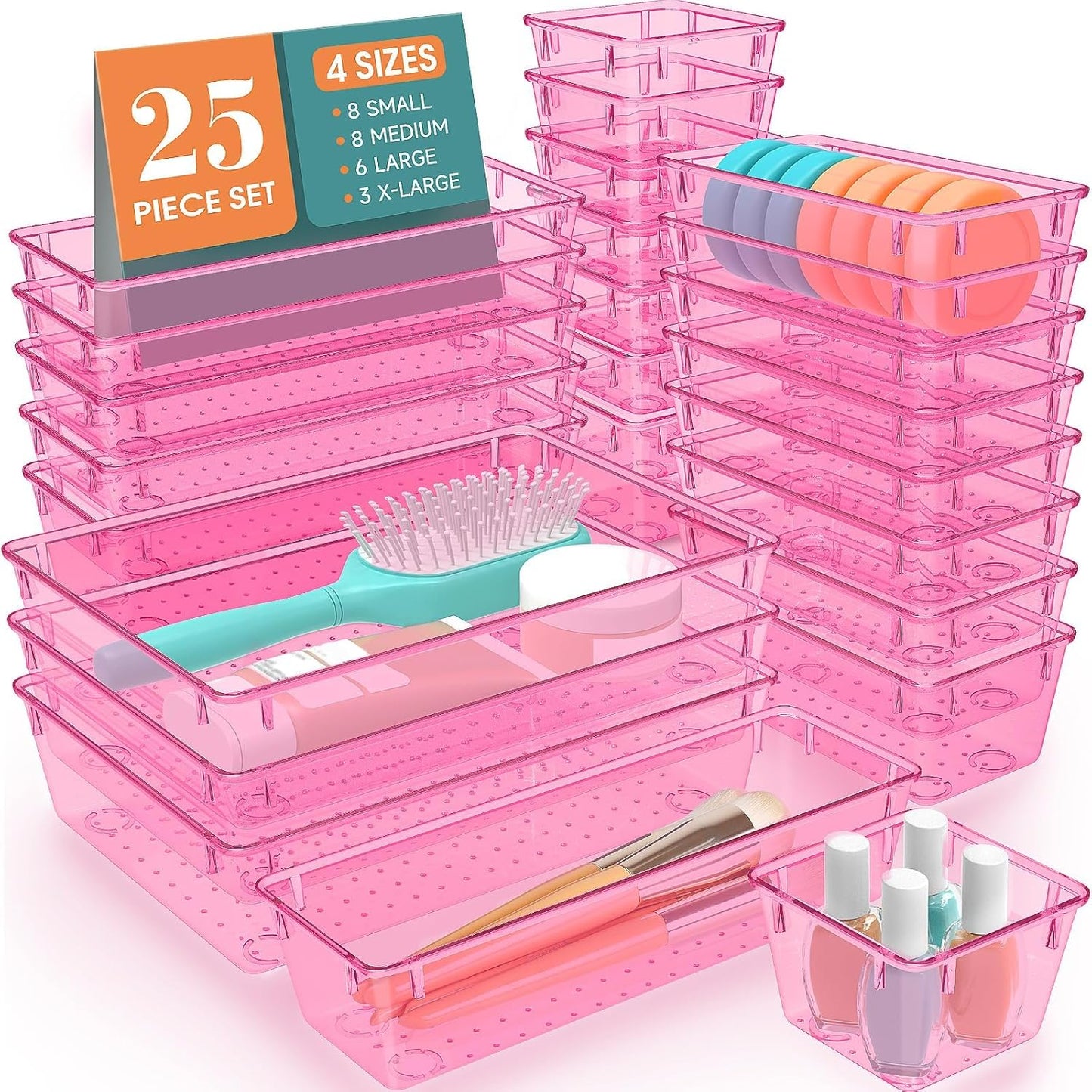 25 PCS Plastic Drawer Organizer Set, 4-Size Versatile Organizer Tool Trays & storage Bins for Makeup, Jewelry, and Gadgets in Bathroom, Bedroom and Office,Clear Black