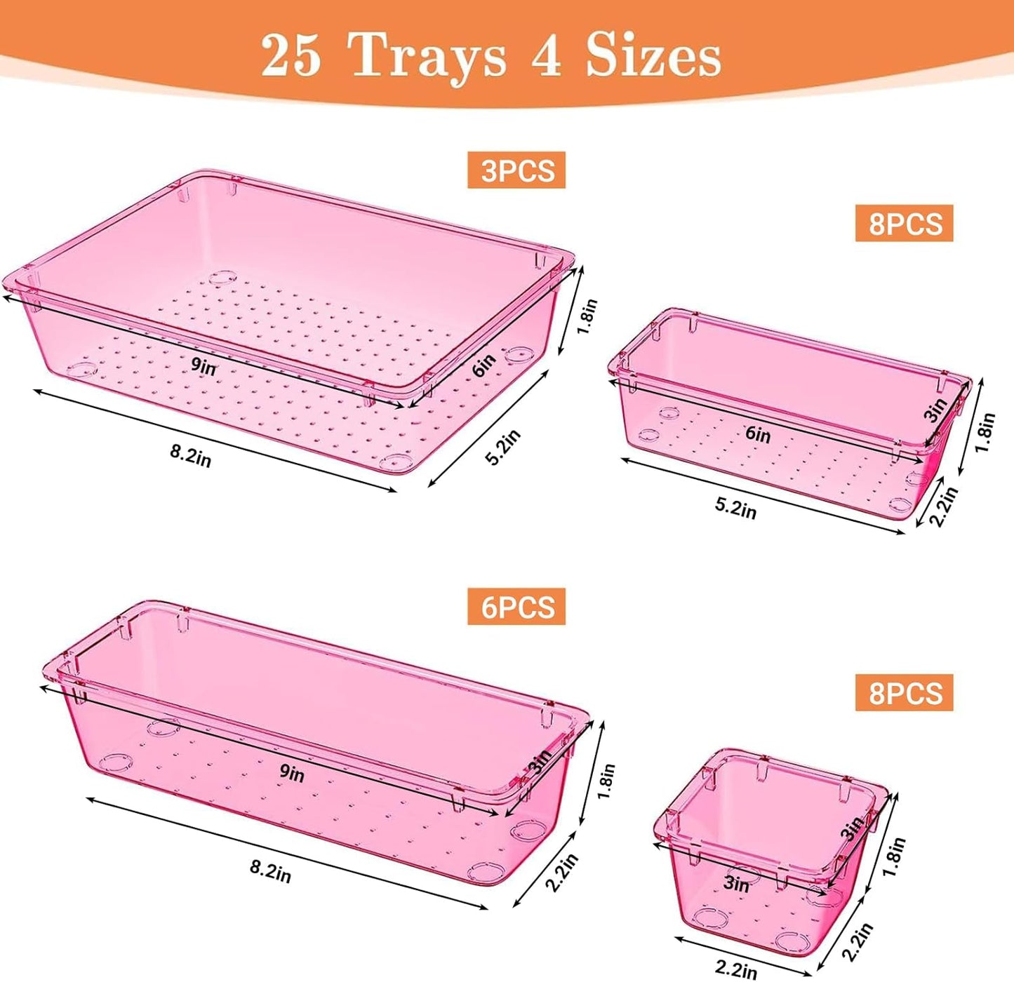 25 PCS Plastic Drawer Organizer Set, 4-Size Versatile Organizer Tool Trays & storage Bins for Makeup, Jewelry, and Gadgets in Bathroom, Bedroom and Office,Clear Black