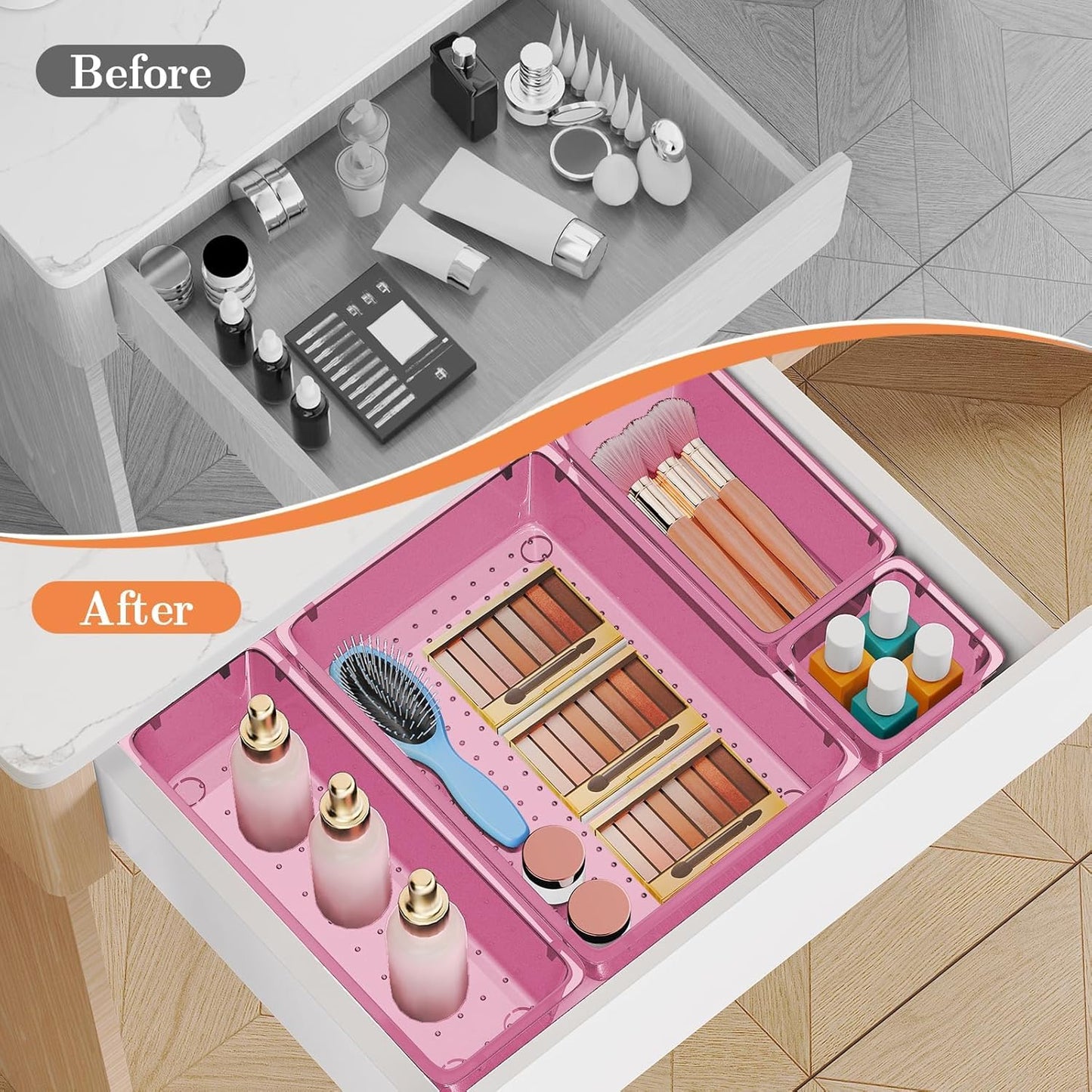 25 PCS Plastic Drawer Organizer Set, 4-Size Versatile Organizer Tool Trays & storage Bins for Makeup, Jewelry, and Gadgets in Bathroom, Bedroom and Office,Clear Black