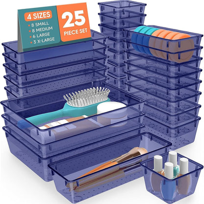 25 PCS Plastic Drawer Organizer Set, 4-Size Versatile Organizer Tool Trays & storage Bins for Makeup, Jewelry, and Gadgets in Bathroom, Bedroom and Office,Clear Black