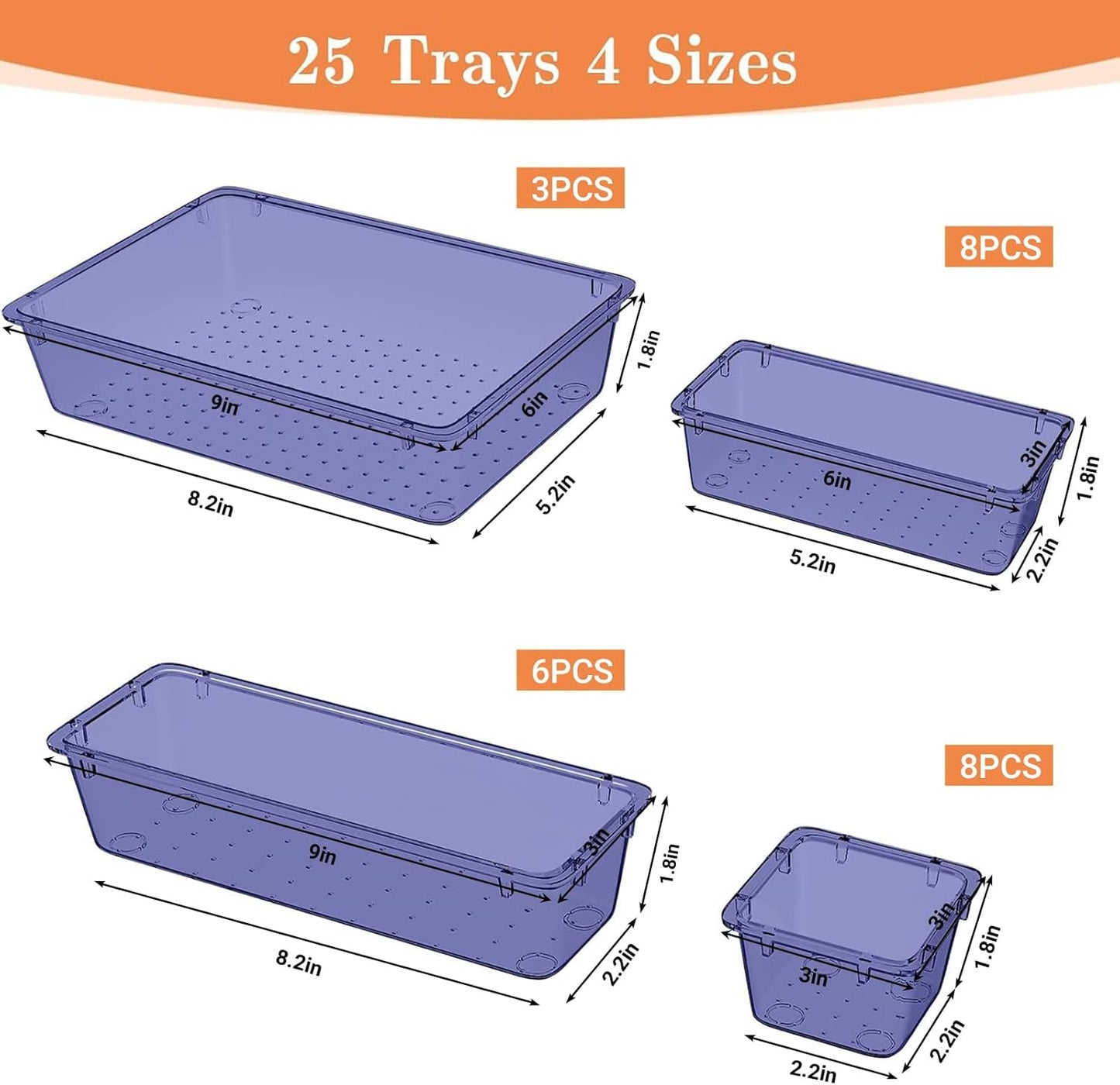25 PCS Plastic Drawer Organizer Set, 4-Size Versatile Organizer Tool Trays & storage Bins for Makeup, Jewelry, and Gadgets in Bathroom, Bedroom and Office,Clear Black