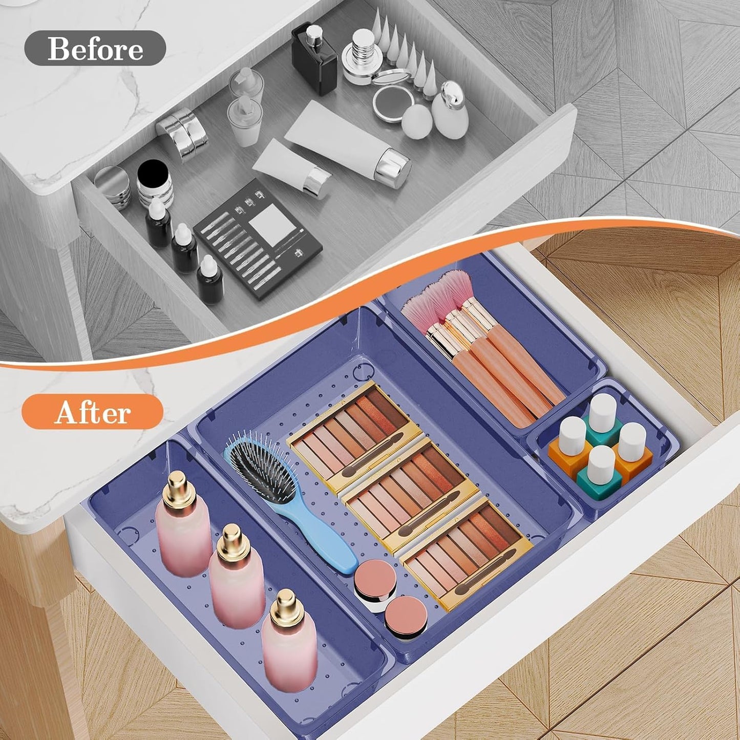 25 PCS Plastic Drawer Organizer Set, 4-Size Versatile Organizer Tool Trays & storage Bins for Makeup, Jewelry, and Gadgets in Bathroom, Bedroom and Office,Clear Black