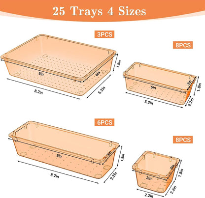 25 PCS Plastic Drawer Organizer Set, 4-Size Versatile Organizer Tool Trays & storage Bins for Makeup, Jewelry, and Gadgets in Bathroom, Bedroom and Office,Clear Black