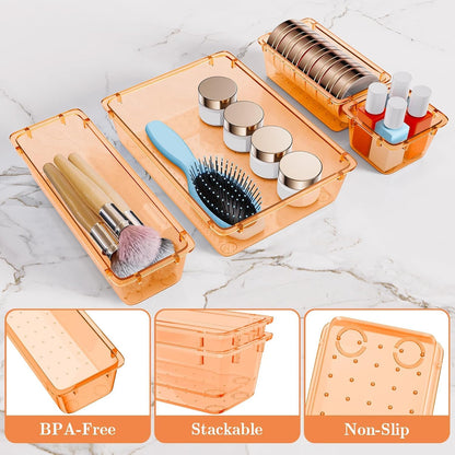 25 PCS Plastic Drawer Organizer Set, 4-Size Versatile Organizer Tool Trays & storage Bins for Makeup, Jewelry, and Gadgets in Bathroom, Bedroom and Office,Clear Black