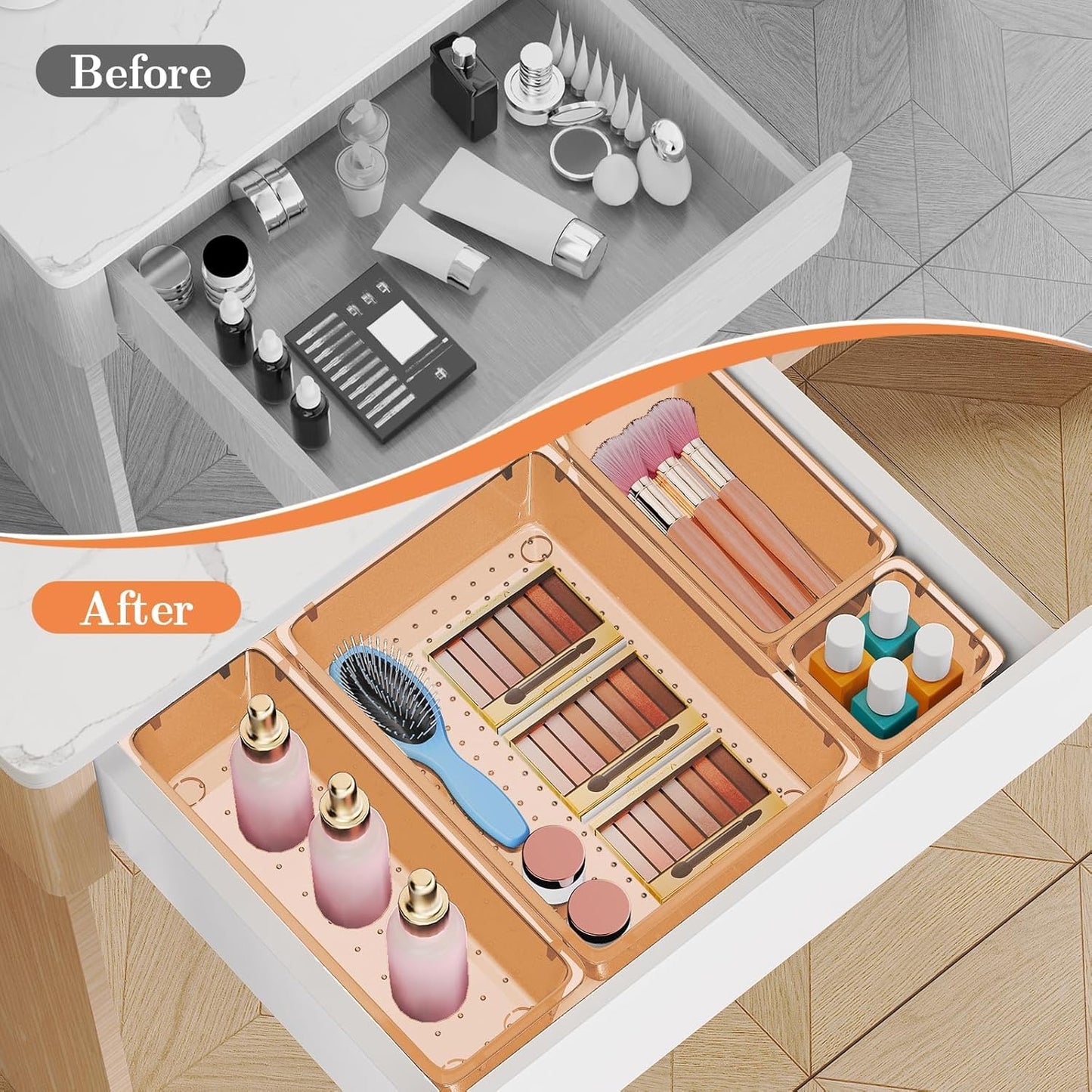 25 PCS Plastic Drawer Organizer Set, 4-Size Versatile Organizer Tool Trays & storage Bins for Makeup, Jewelry, and Gadgets in Bathroom, Bedroom and Office,Clear Black