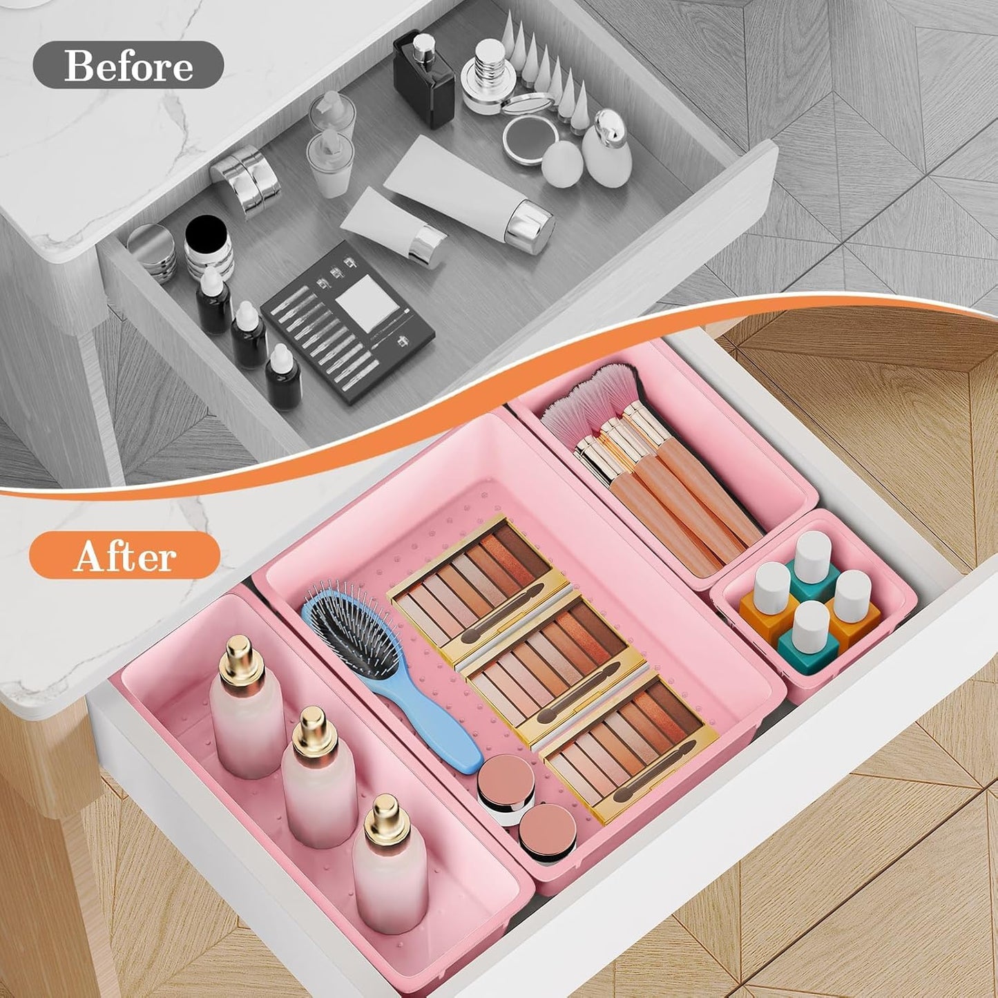 25 PCS Plastic Drawer Organizer Set, 4-Size Versatile Organizer Tool Trays & storage Bins for Makeup, Jewelry, and Gadgets in Bathroom, Bedroom and Office,Clear Black