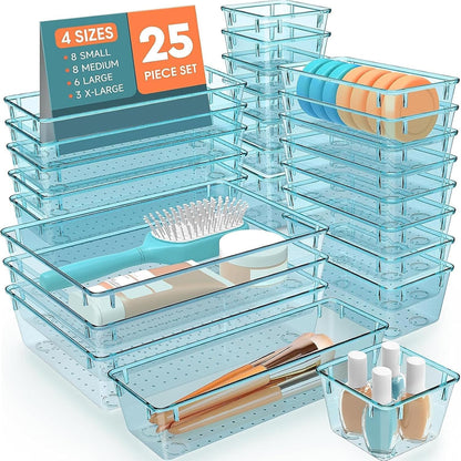 25 PCS Plastic Drawer Organizer Set, 4-Size Versatile Organizer Tool Trays & storage Bins for Makeup, Jewelry, and Gadgets in Bathroom, Bedroom and Office,Clear Black