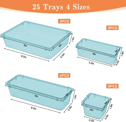 25 PCS Plastic Drawer Organizer Set, 4-Size Versatile Organizer Tool Trays & storage Bins for Makeup, Jewelry, and Gadgets in Bathroom, Bedroom and Office,Clear Black