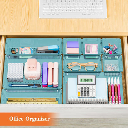 25 PCS Plastic Drawer Organizer Set, 4-Size Versatile Organizer Tool Trays & storage Bins for Makeup, Jewelry, and Gadgets in Bathroom, Bedroom and Office,Clear Black