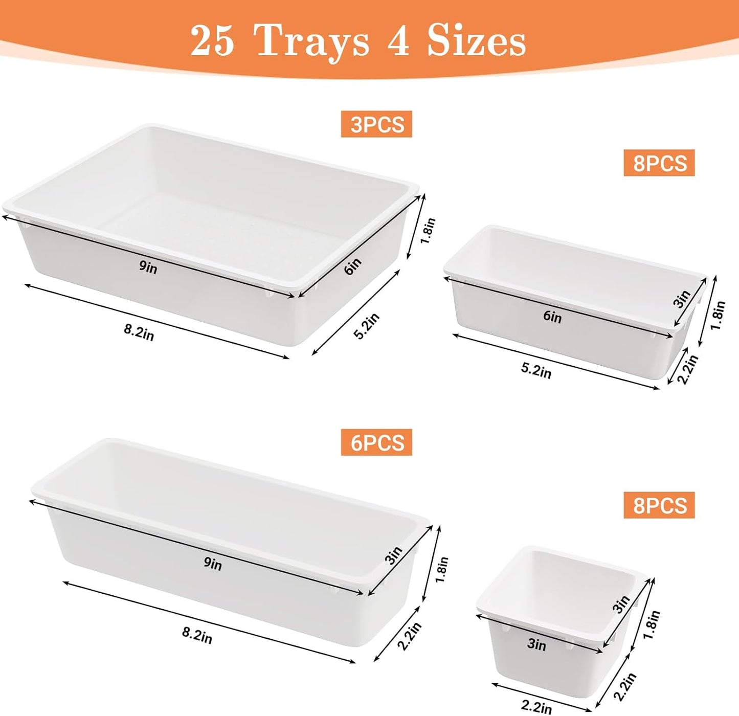 25 PCS Plastic Drawer Organizer Set, 4-Size Versatile Organizer Tool Trays & storage Bins for Makeup, Jewelry, and Gadgets in Bathroom, Bedroom and Office,Clear Black