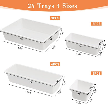 25 PCS Plastic Drawer Organizer Set, 4-Size Versatile Organizer Tool Trays & storage Bins for Makeup, Jewelry, and Gadgets in Bathroom, Bedroom and Office,Clear Black