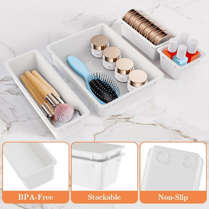 25 PCS Plastic Drawer Organizer Set, 4-Size Versatile Organizer Tool Trays & storage Bins for Makeup, Jewelry, and Gadgets in Bathroom, Bedroom and Office,Clear Black