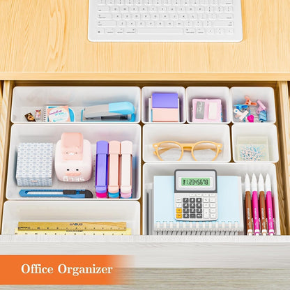 25 PCS Plastic Drawer Organizer Set, 4-Size Versatile Organizer Tool Trays & storage Bins for Makeup, Jewelry, and Gadgets in Bathroom, Bedroom and Office,Clear Black