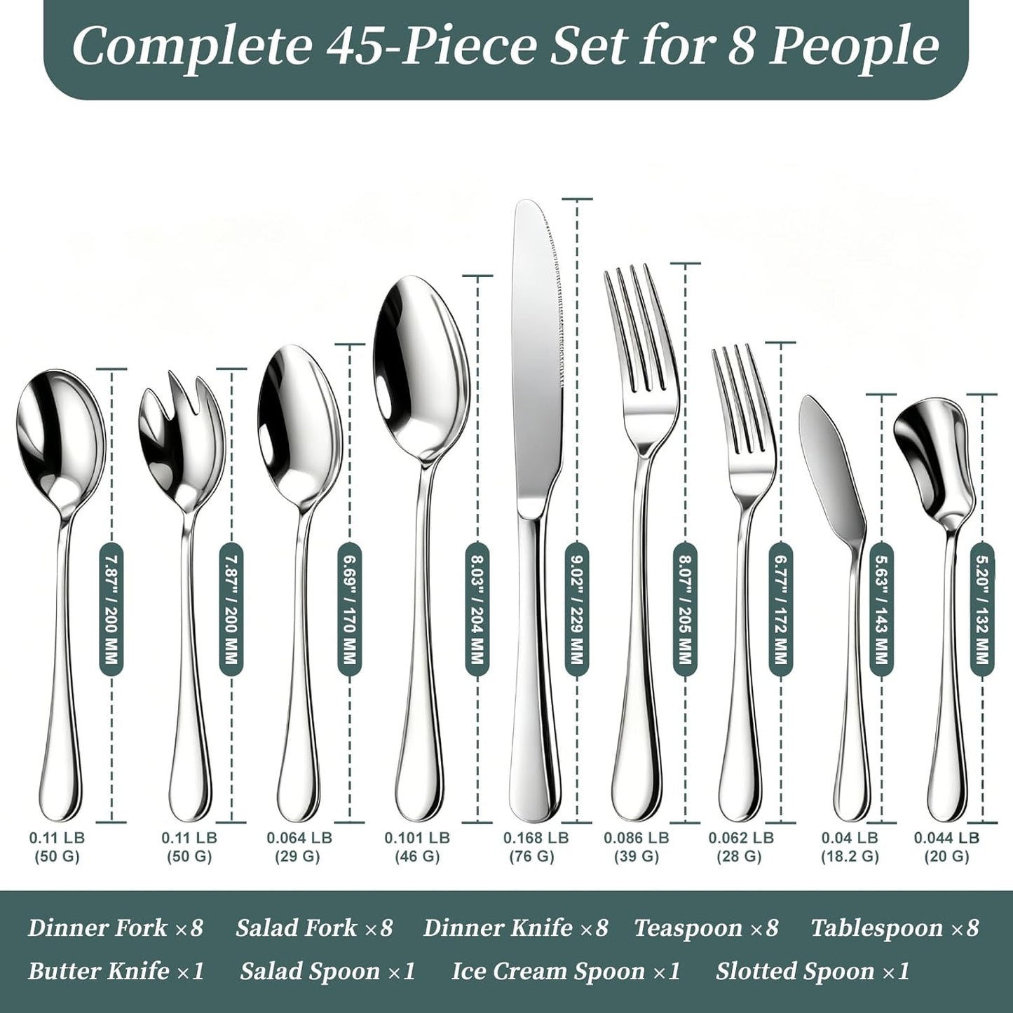 45-Piece Silverware Set with Organizer, Stainless Steel Flatware Set for 8, Includes Forks, Knives, Spoons & Serving Utensils, Cutlery Set for Dining, Entertaining & Housewarming