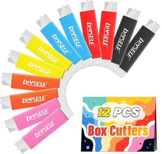 Box Cutters 12 Pack, Utility Knife, Box Cutter Retractable with Razor Blade, Box Opener for Package, Utility Knives for Office, School, Home, Flat Box Cutter for Women, Letter Opener for Mail