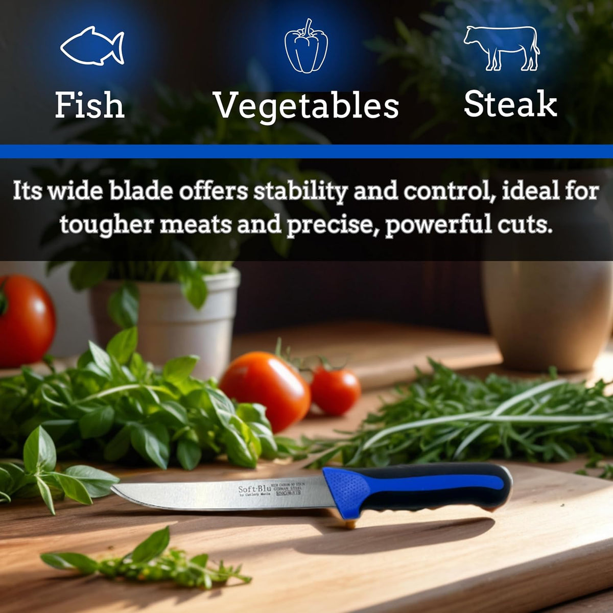 SoftBlu Kitchen Knifes, X50CrMoV15 German Stainless Steel, Non-Slip Soft Grip Handle, Professional (Boning Knife, Wide, 6")
